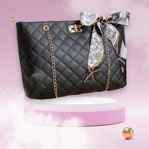 Black Quilted Tote Bag with Scarf Accent - Women's Chain Handle Shoulder Bag